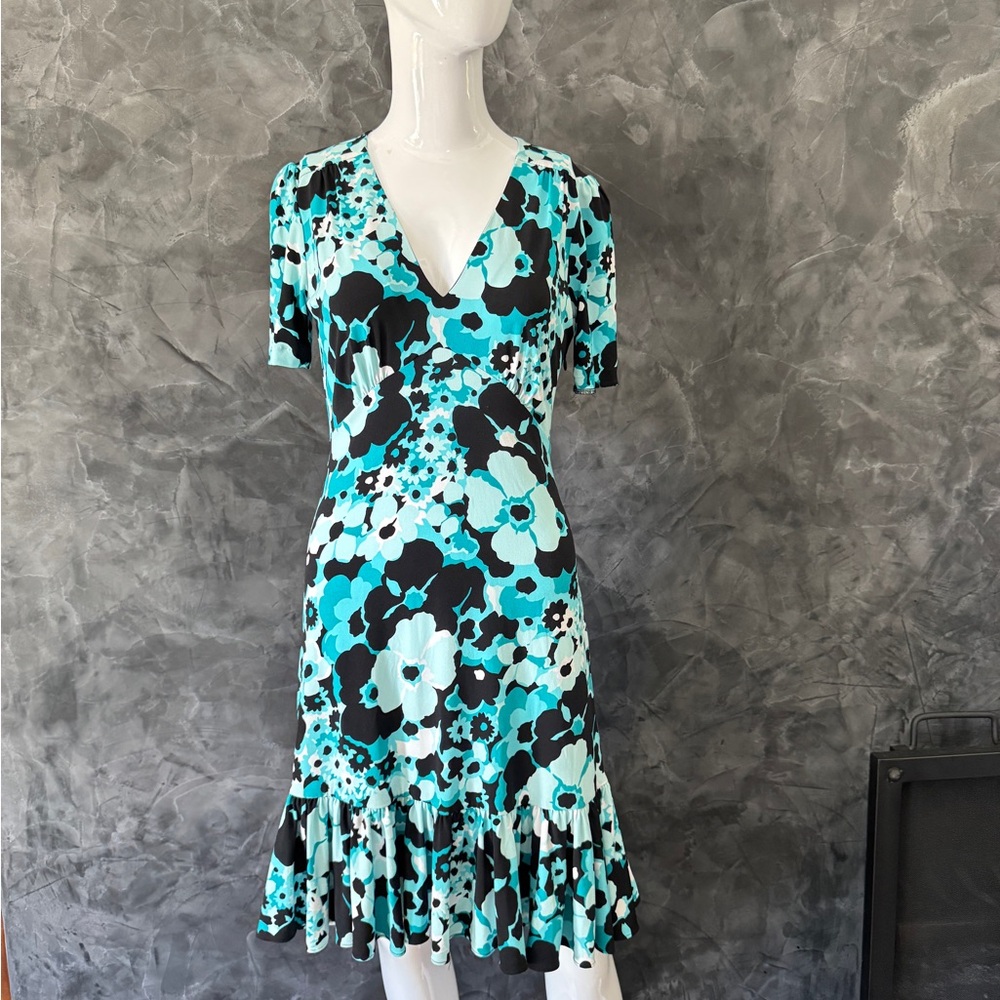 Michael Kors Blue and Black Ruffled Wrap Midi Dress